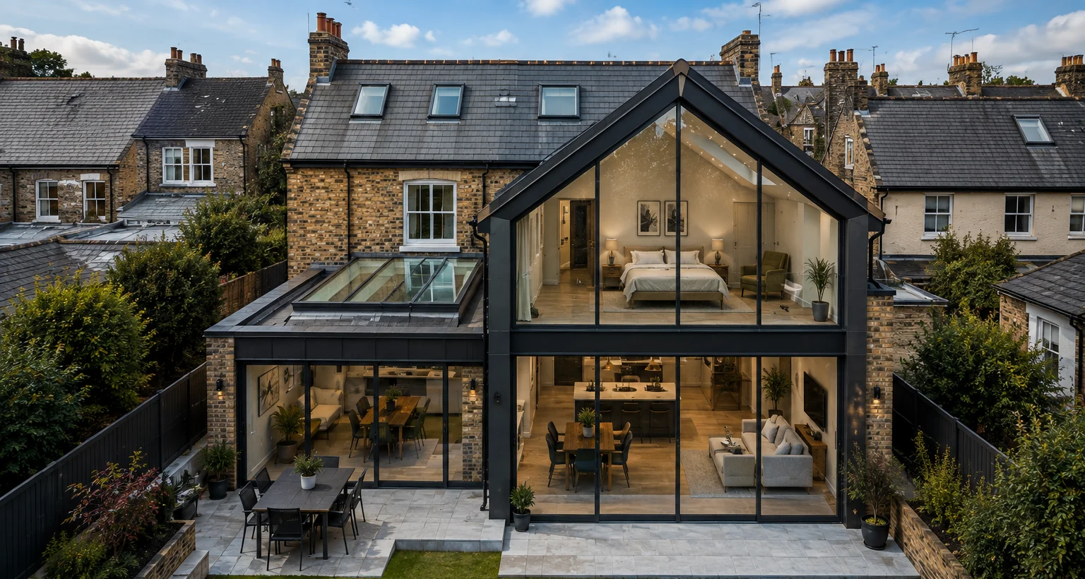 Glazed rear and upper extension to a UK residence