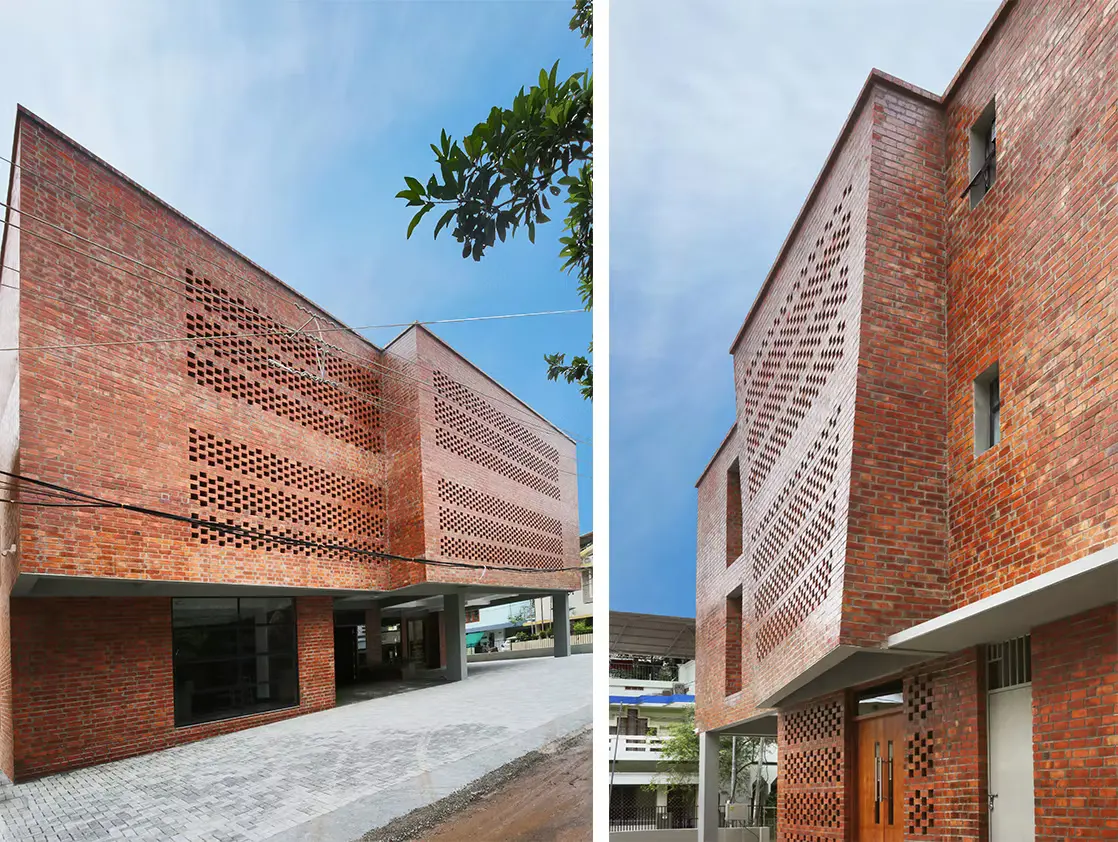 Brick facade of Benzinger Hospice Home in Trivandrum