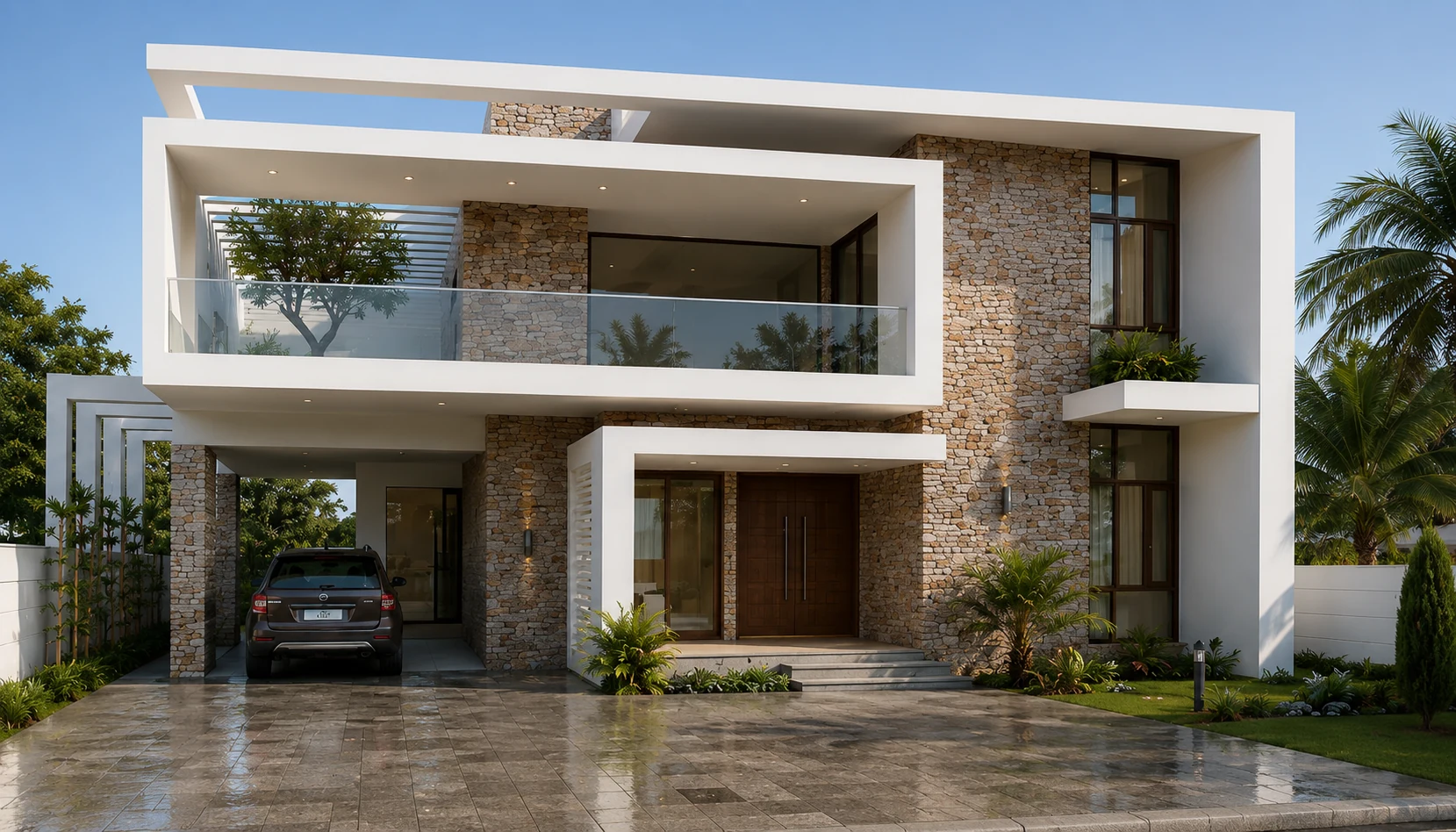 Contemporary Chenkottukonam residence with framed balcony and stone facade