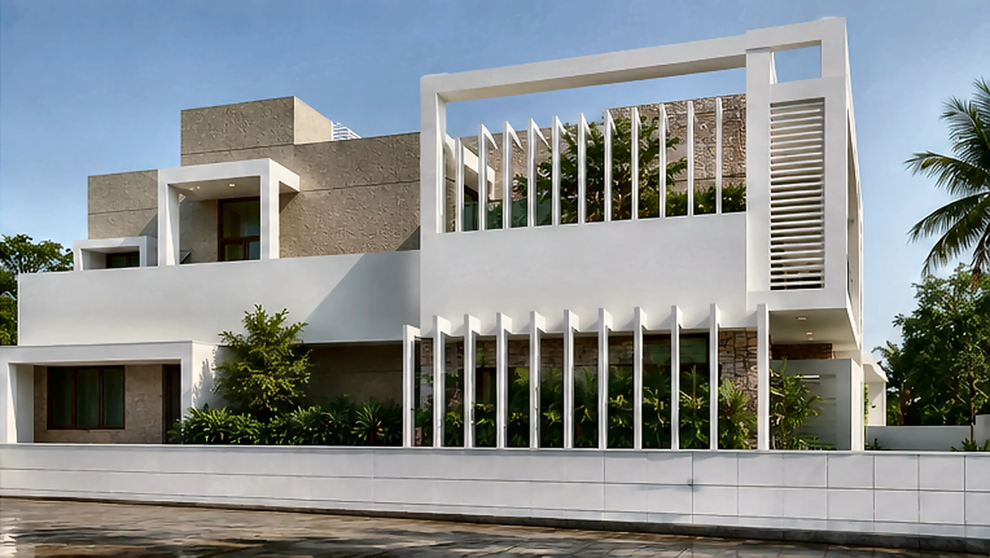 Street-side elevation visualisation of Chenkottukonam Residence