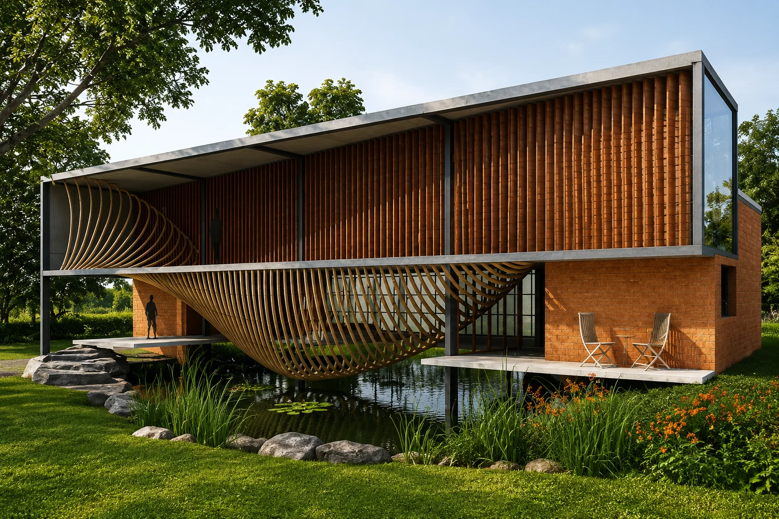 Mannanthala Residence with a long shaded upper volume and landscaped garden