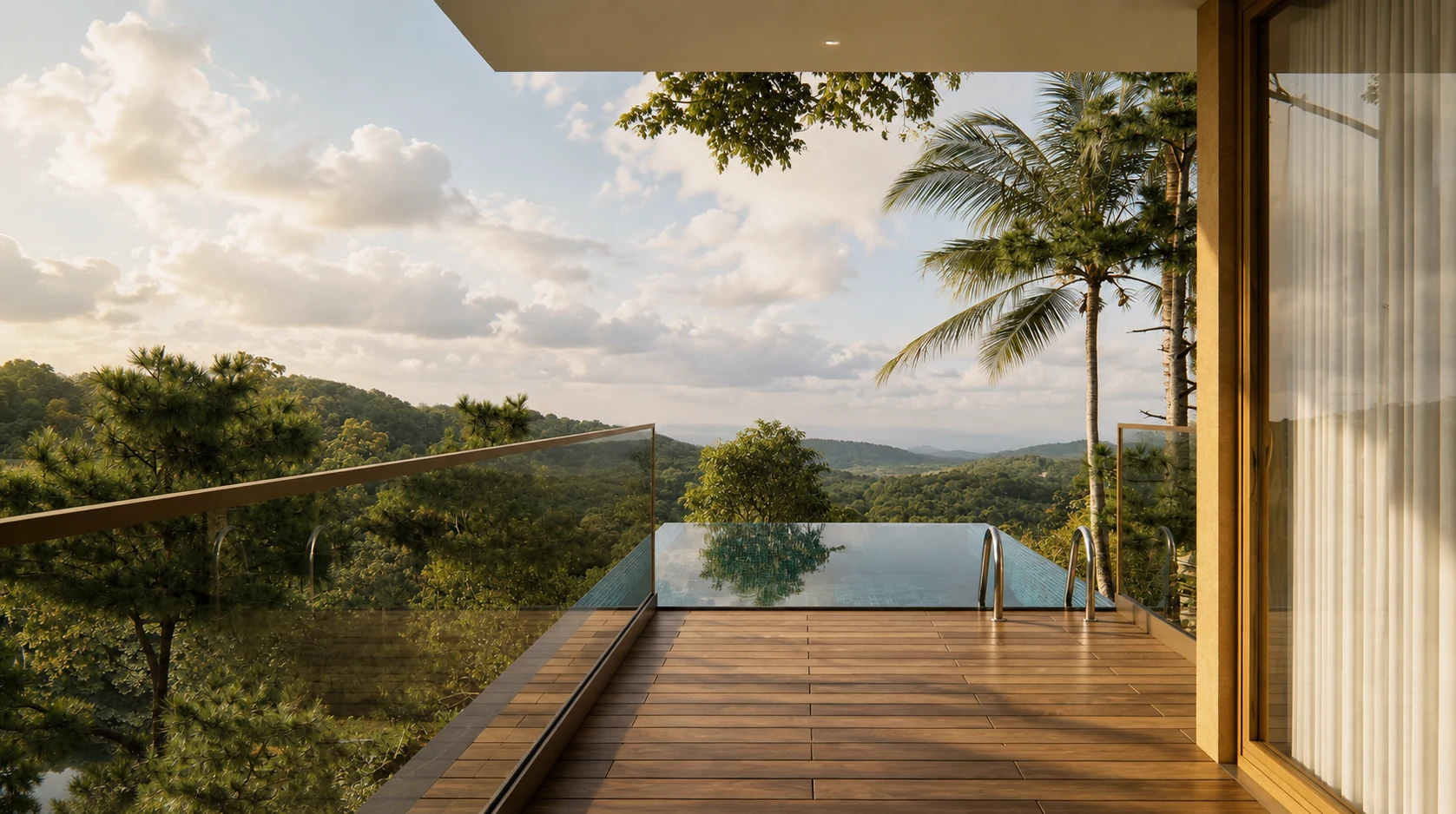 Pool terrace at Mystic Meadow overlooking the landscape