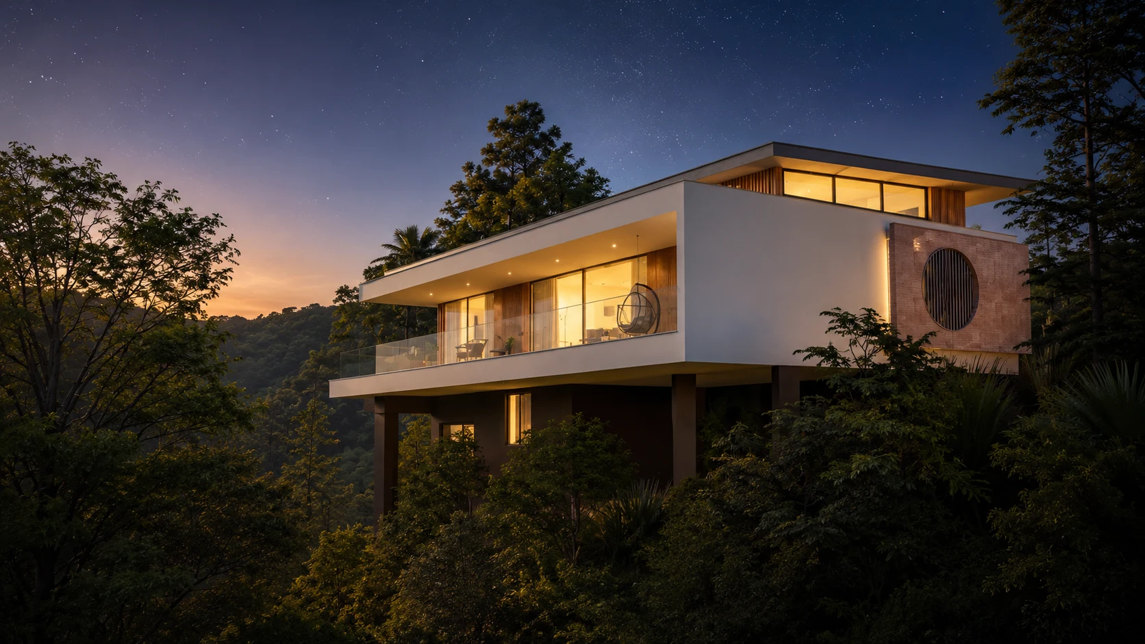 Mystic Meadow residence projected over the wooded hillside at dusk