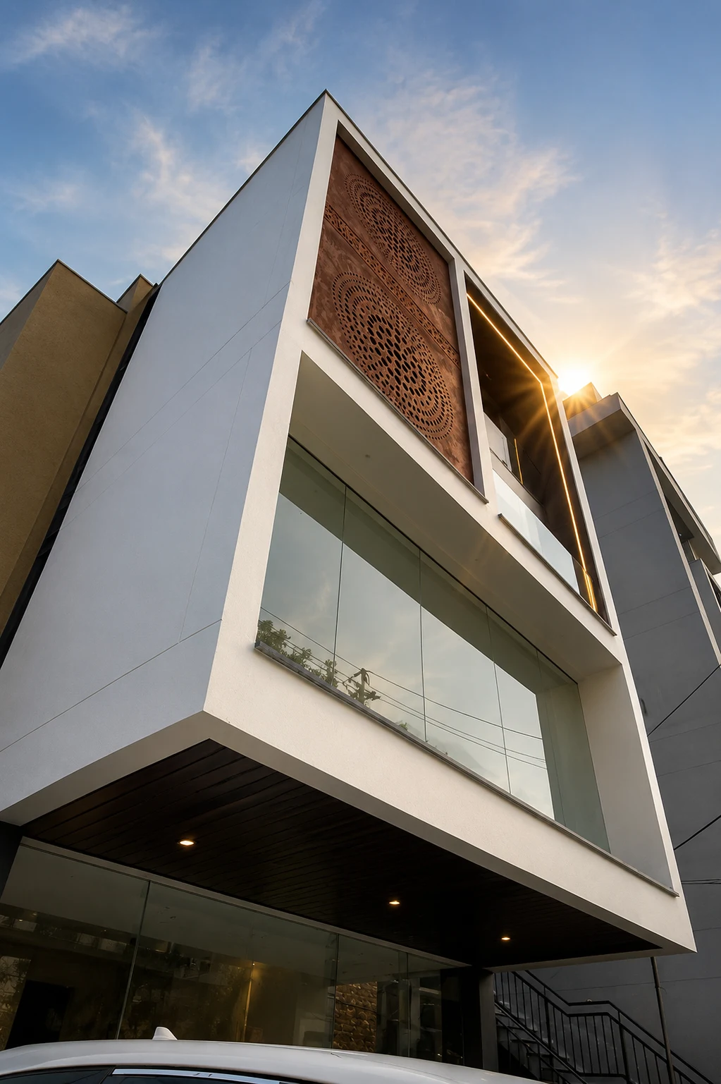 Low-angle facade view of Pavitra Enclave