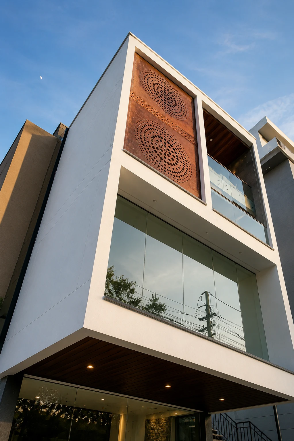 Detailed low-angle view of the Pavitra Enclave facade
