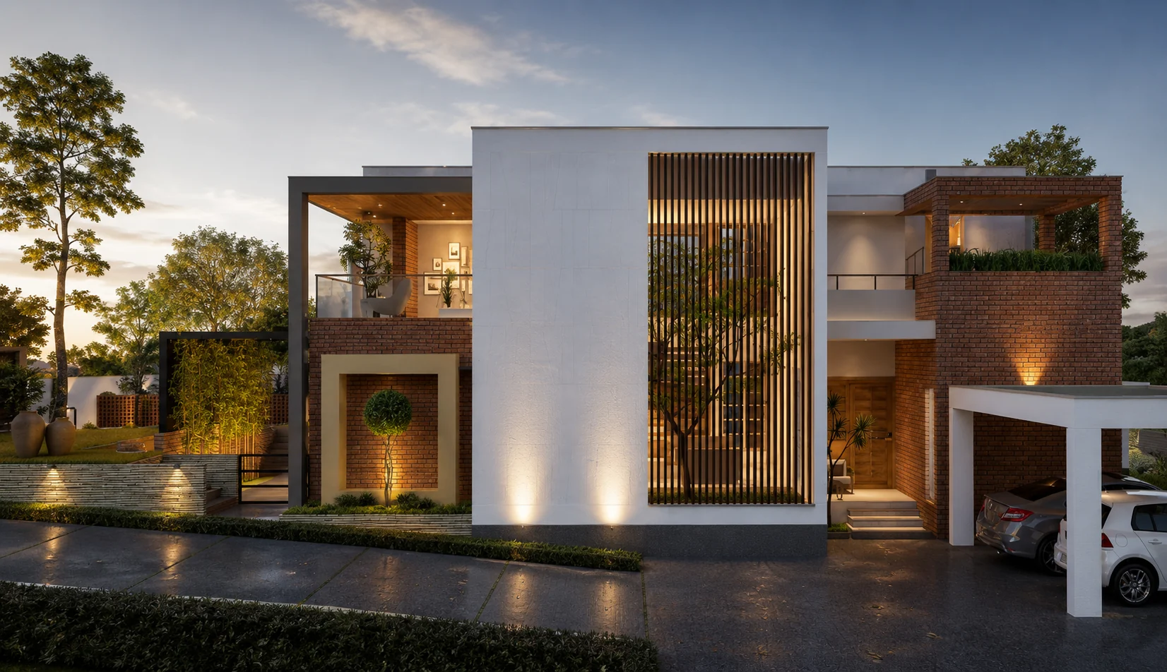 Contemporary residence in Kottarakara with screened facade and landscaped forecourt