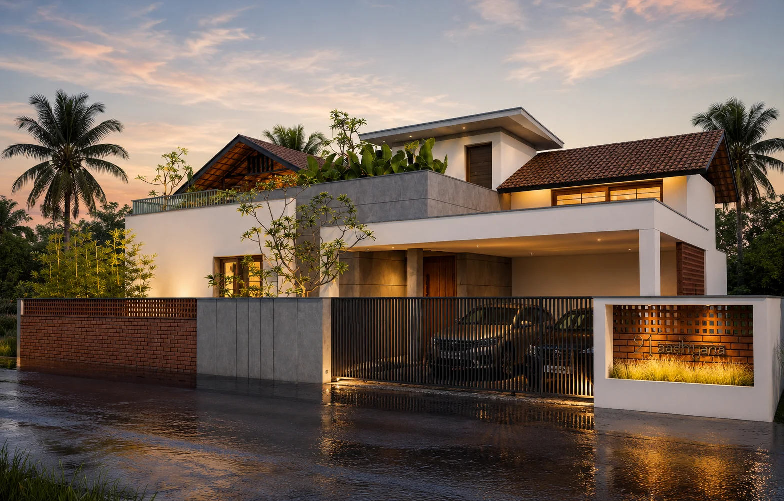 Residence at Sreekaryam in Trivandrum with a sheltered entrance court and tiled roof forms