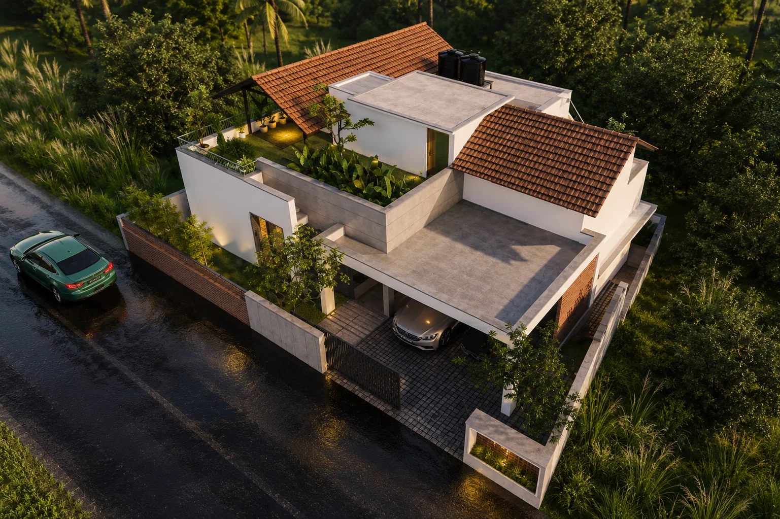 Aerial view of the Sreekaryam residence and landscaped plot