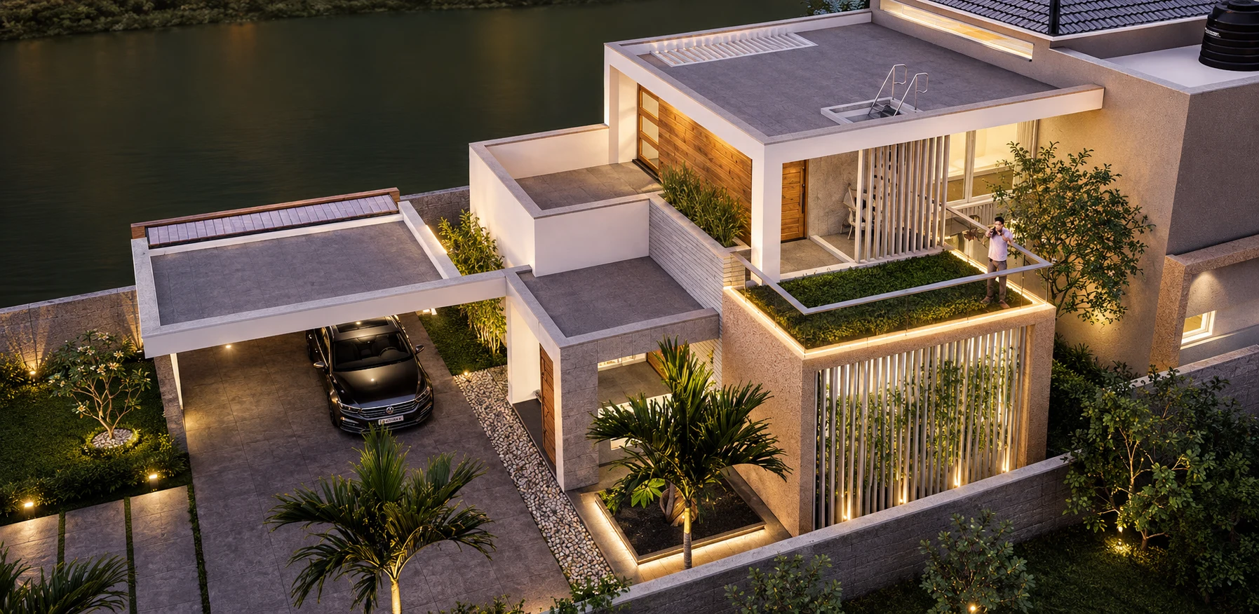 Aerial view of Thoppil House and landscaped plot