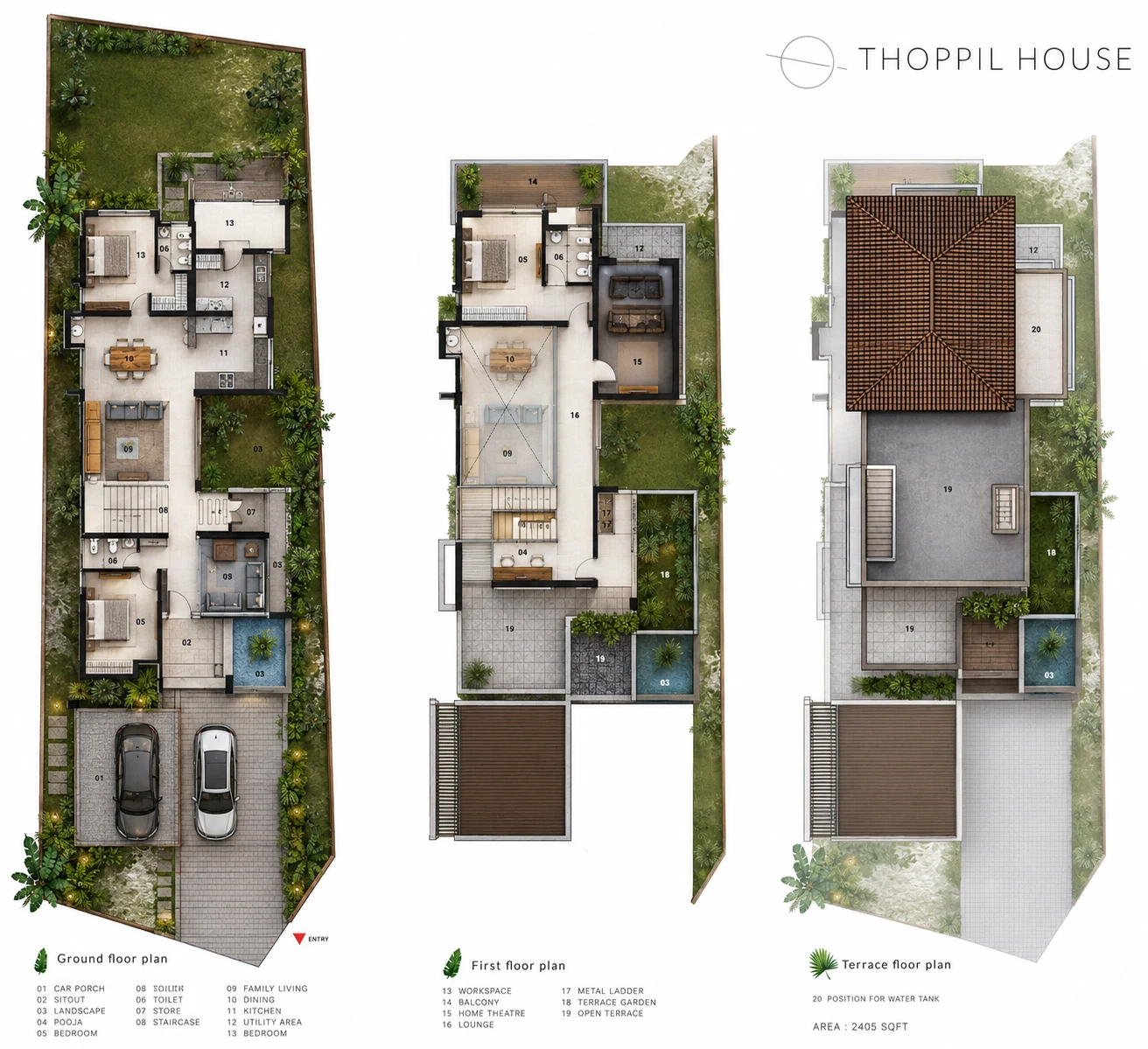 Ground, first-floor and terrace plans for Thoppil House