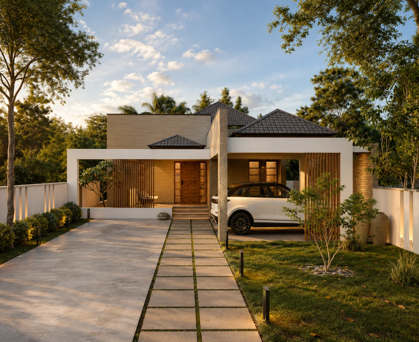 Residence at Varkala with a sheltered entrance court and landscaped driveway