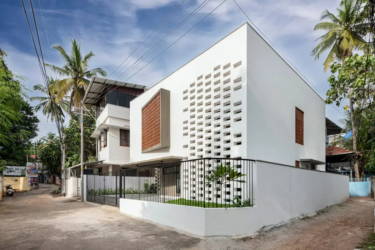 Angled street view of White Skube Residence