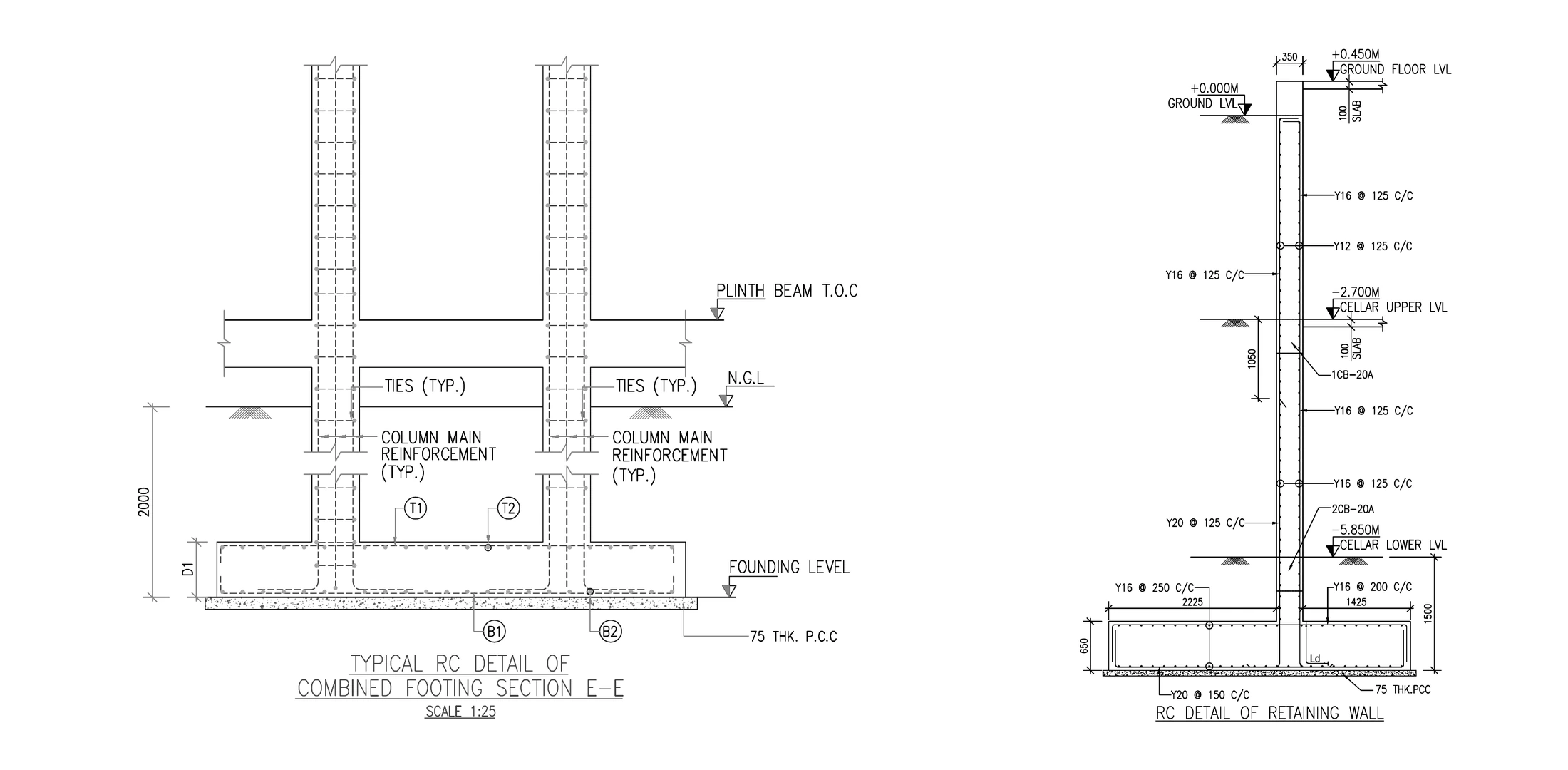 Combined reinforced-concrete technical figure showing a combined footing reinforcement section alongside a full-height retaining-wall reinforcement section