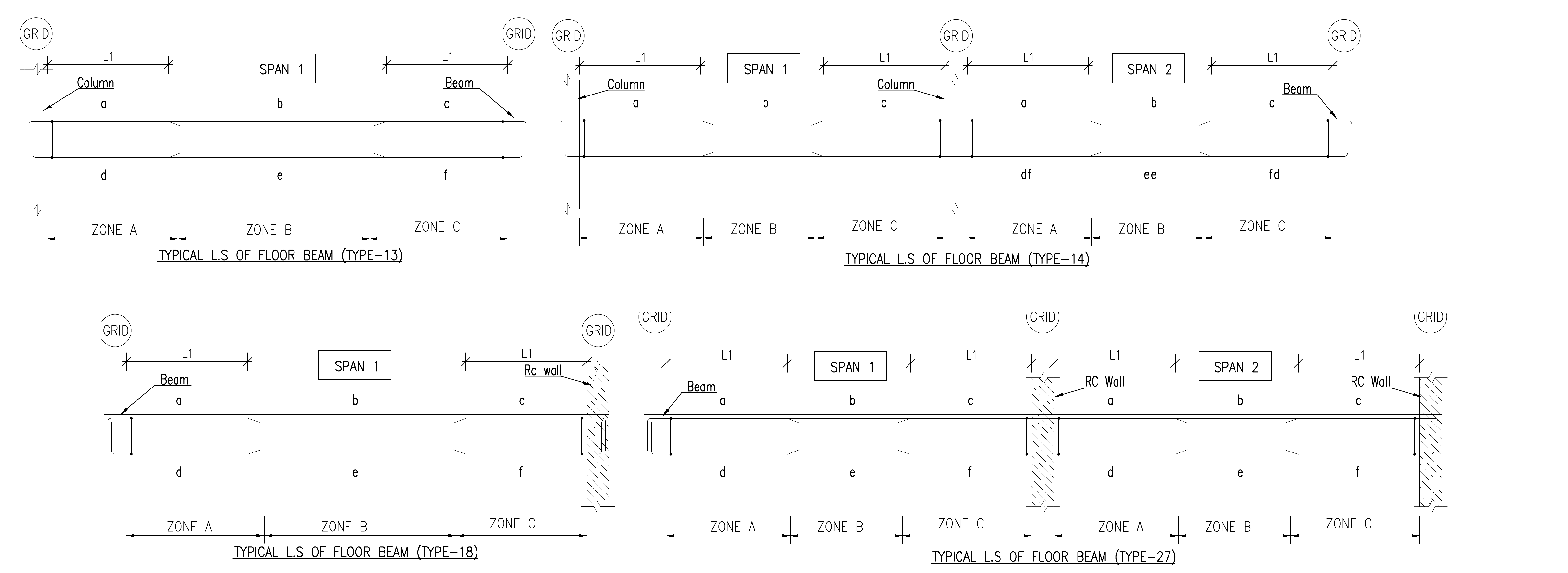 Reinforced concrete floor beam long-section details showing columns, walls, spans, reinforcement zones and continuity