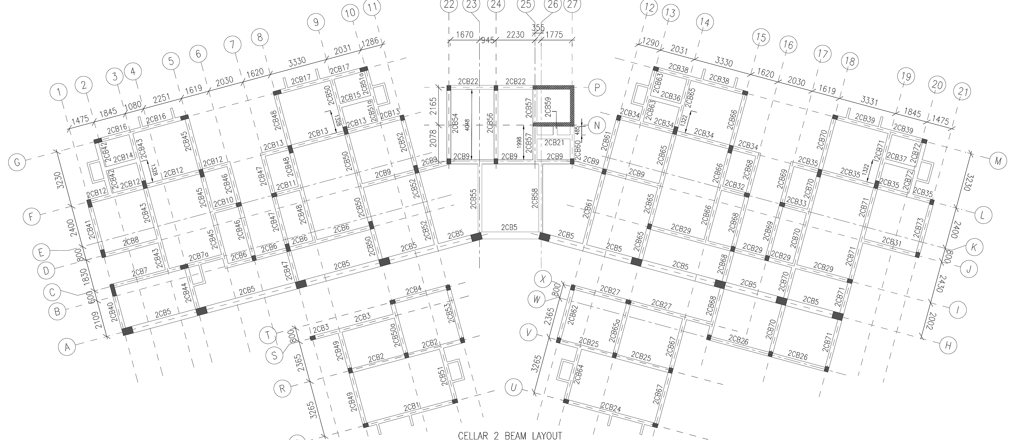 Reinforced concrete cellar beam framing layout with structural grids, beam references and column positions