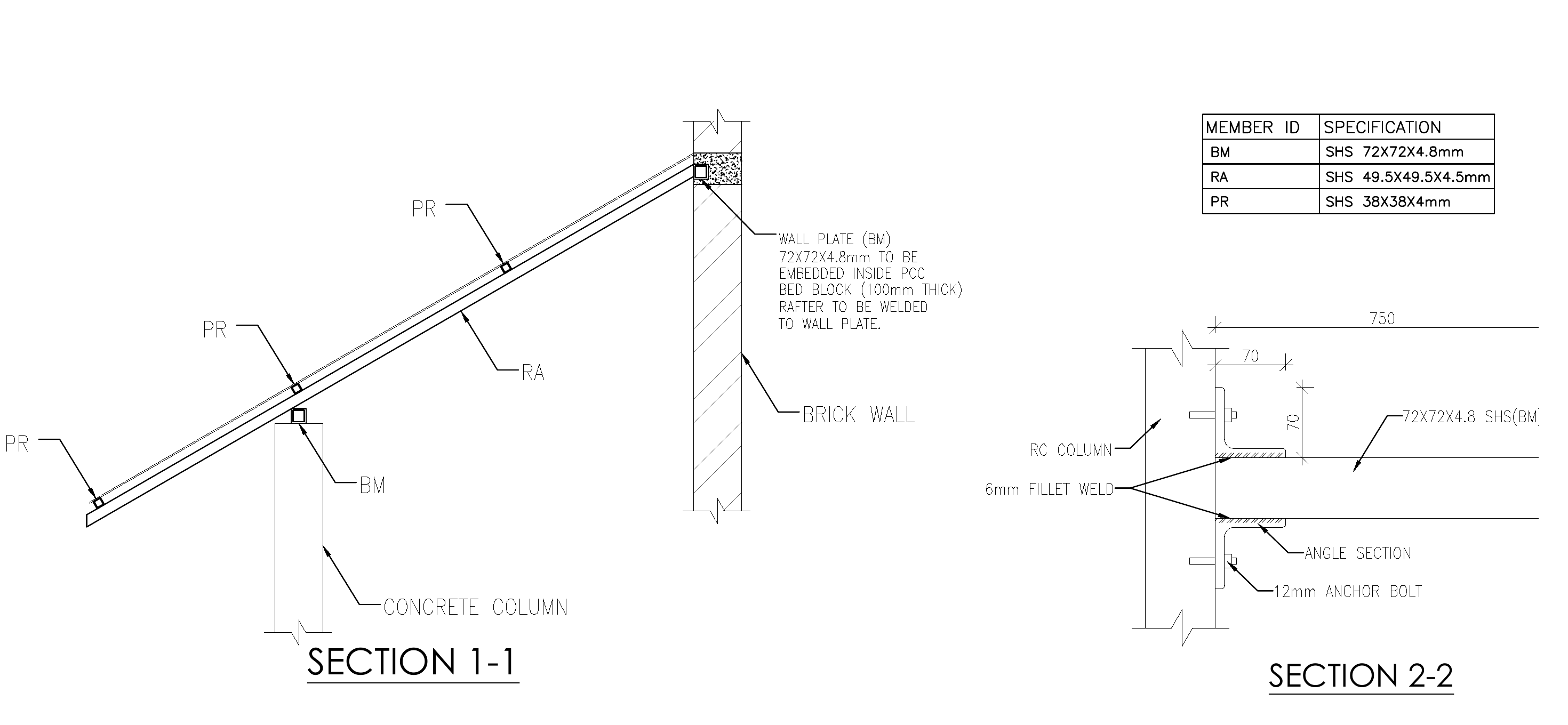 Steel roof interface sections showing rafter support at concrete and masonry, wall plate, welds, angle section and anchor bolts