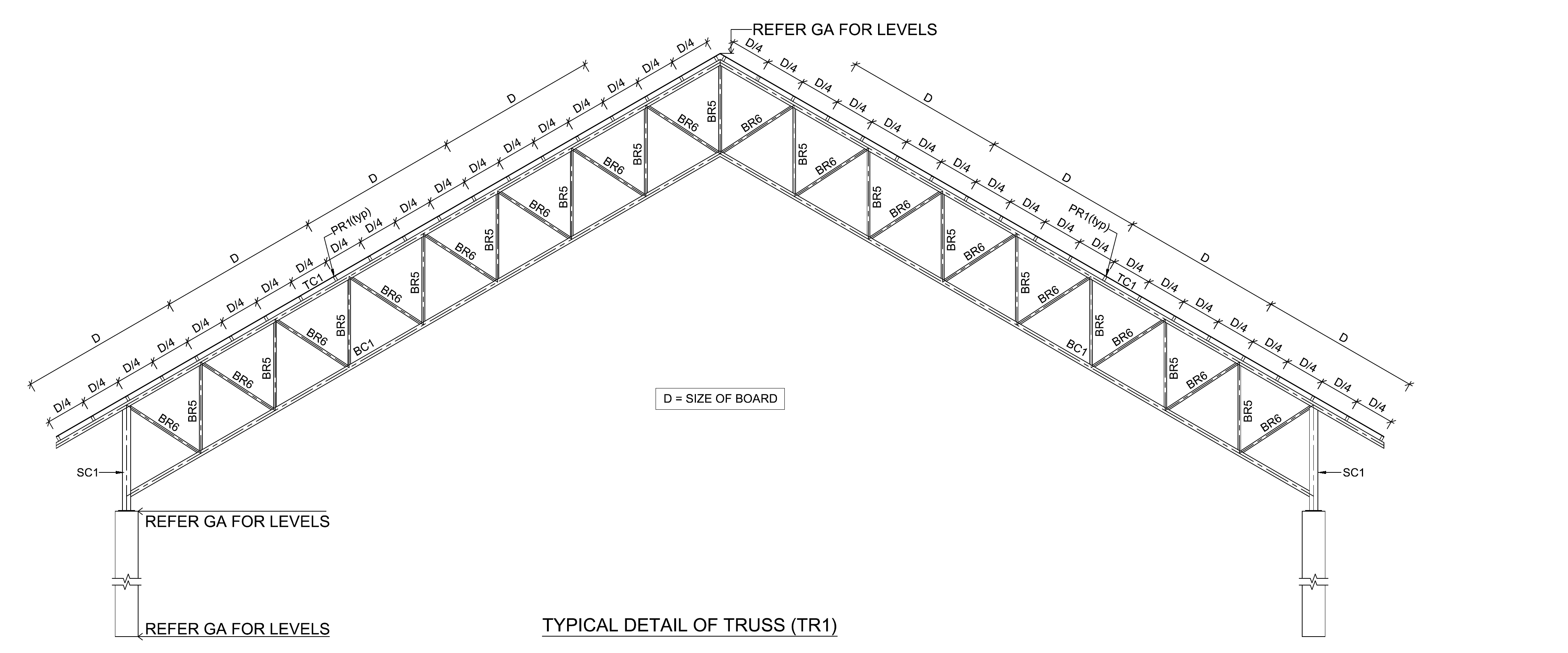 Structural steel pitched roof truss elevation with member identifications, bracing and dimensional references