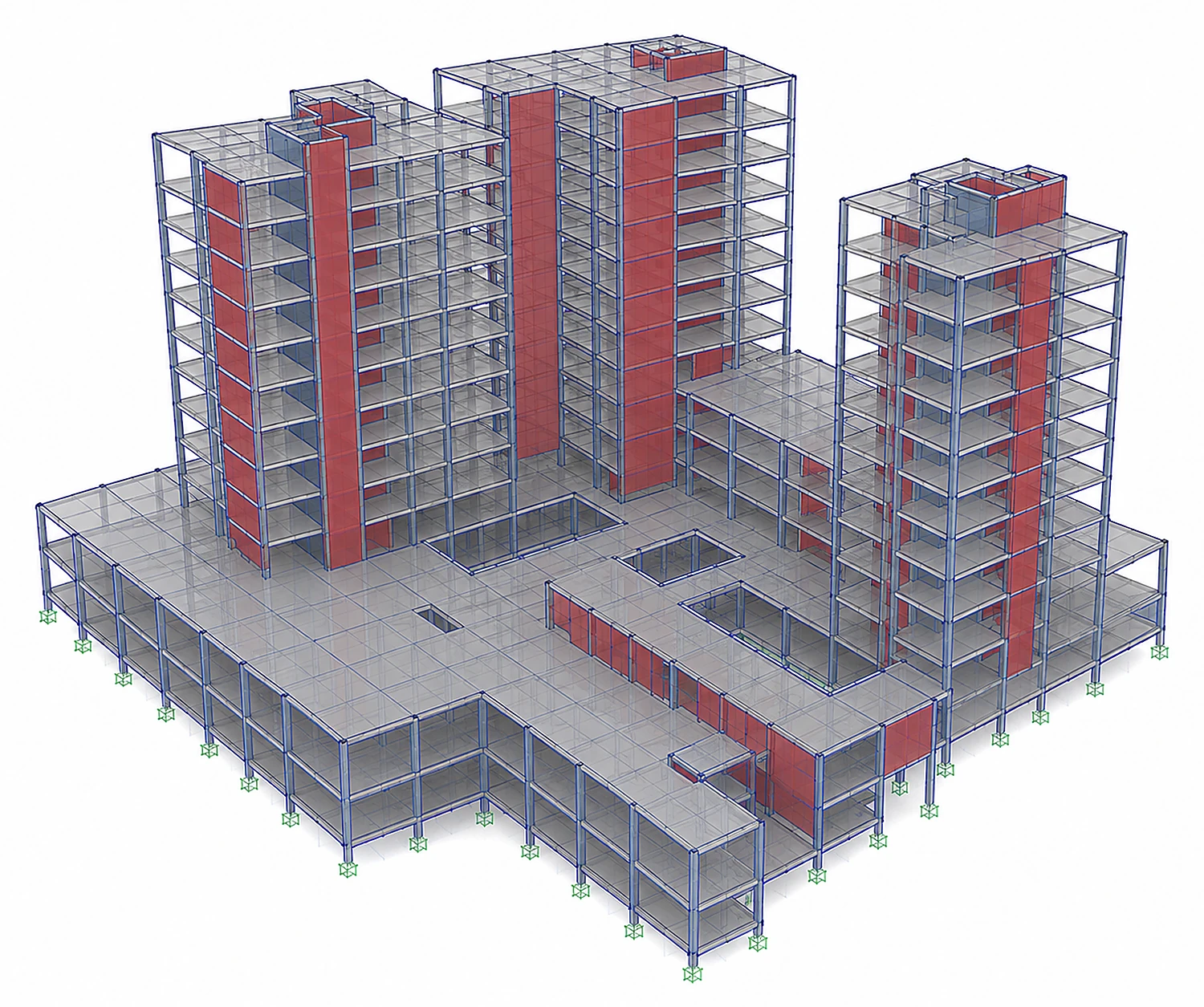 Three-dimensional structural model showing the framing system of a multi-storey reinforced-concrete and steel building